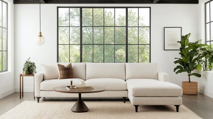 Fototapeta premium Cozy Living Room with Modern Sofa and Large Windows for Natural Light