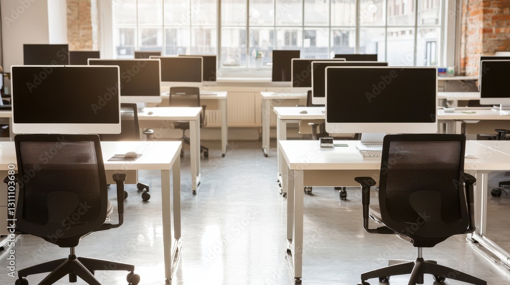 Poster modern office space with empty desks and computer workstations
