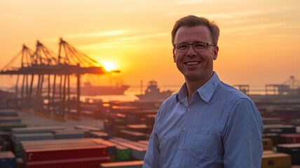 China's Strategic Response to International Tariffs Highlighted Against the Backdrop of a Bustling Port During a Breathtaking Sunset Generative AI