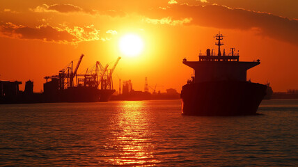 Obraz premium China Takes Action Against Tariffs With Robust Maritime Responses During a Vibrant Sunset Over Busy Trade Port Generative AI