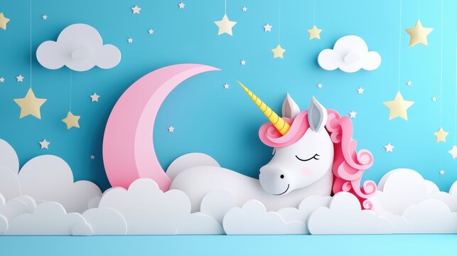 A sleeping unicorn curled up on a bed of clouds, surrounded by twinkling stars and a crescent moon, creating a peaceful and serene image ideal for dreamscapes and fantasy art.
