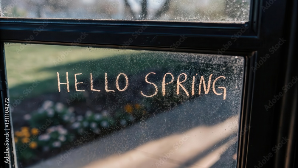 Poster handwritten hello spring on a dewdrop-covered window with gentle morning light, creating a tranquil 