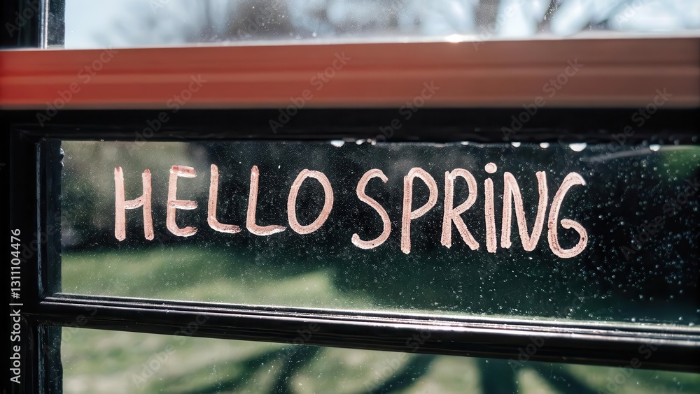 Poster handwritten hello spring on a dewdrop-covered window with soft morning light.