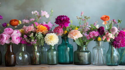Obraz premium Delightful Flower Arrangements in Colorful Jars Create a Vibrant Display Perfect for Any Festive Occasion Generative AI