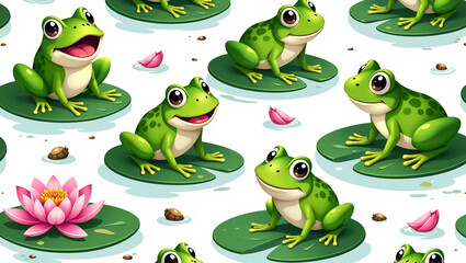 Fototapeta premium Giggling Frogs on Lily Pads - A seamless pattern of frogs lounging and hopping on floating lily pads.