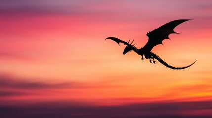 A black silhouette of a dragon with wings outstretched, soaring across a fiery sunset sky with hues of orange, red, and purple, creating a dramatic and powerful image.