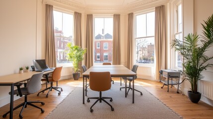 Fototapeta premium Modern Bright Office Space with Large Windows and Plants