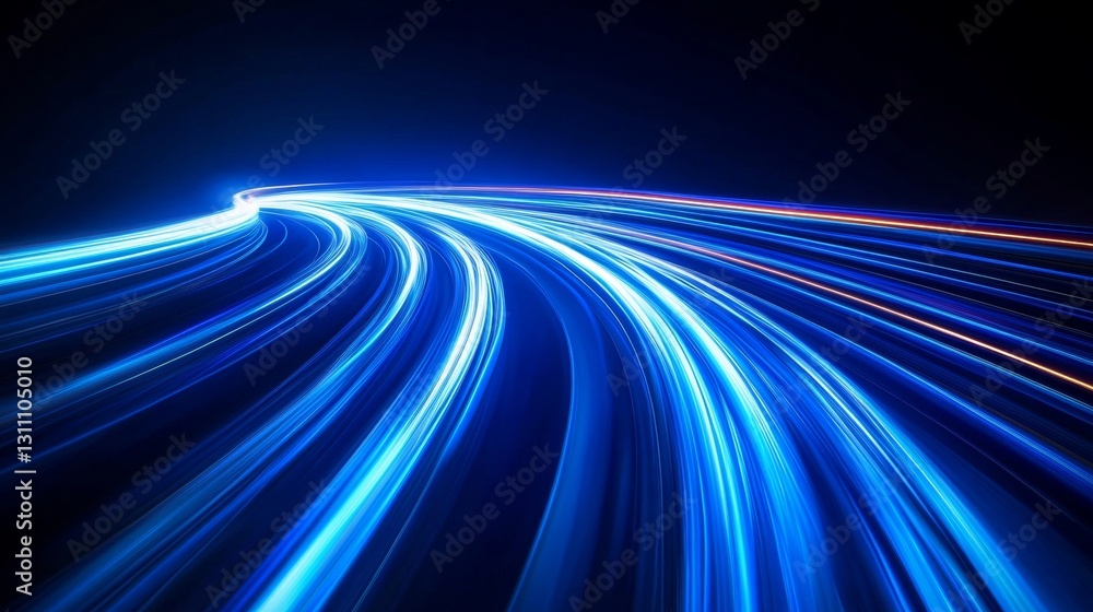 Poster bright blue light trails curve dynamically against a dark background, creating a sense of speed and 