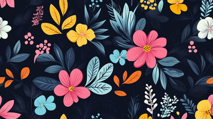 Vibrant colorful floral pattern dark background seamless design summer style tropical flowers botanical