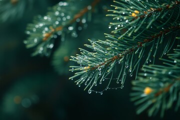 A delicate spider web, covered in dewdrops, hangs from the branches of an evergreen tree.