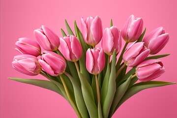 Fototapeta premium there is a vase with pink tulips on a pink background