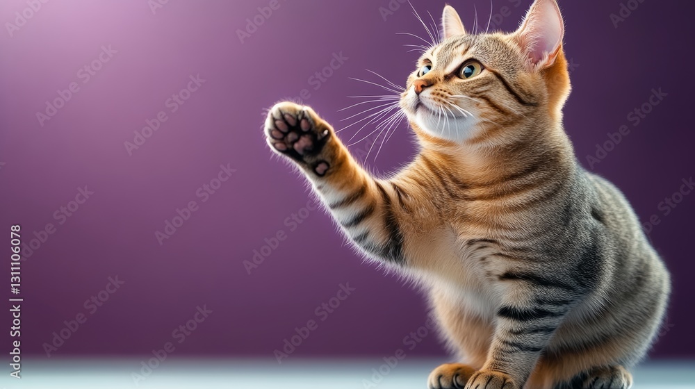 Poster cat is sitting on a table and playing with its paw. the cat is looking up at the camera, and its paw