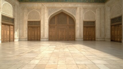 Fototapeta premium Ornate Mosque Entrance with Wooden Doors and Beige Stone Floor in Sunlight