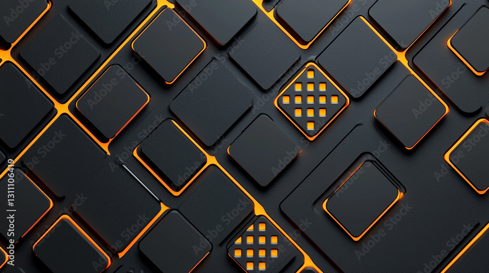 Aufkleber Abstract black and orange geometric square pattern design background 3d dark tech bold grid style