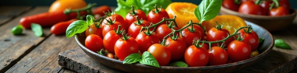 Elegant arrangement of cherry tomatoes & assorted vibrant vegetables on a rustic platter , tomato garnish, tomatoes, recipe