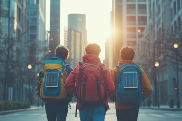 Children explore urban environment with solar backpacks during sunset in a vibrant cityscape