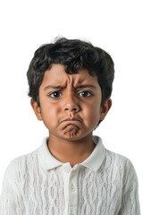 Fototapeta premium Child boy with sad expression showing disappointment isolated on white background, emotional reaction, childhood feelings, kid's mood, expressive face.