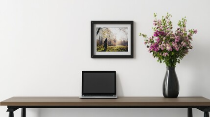 Home office desk, framed landscape, flowers, laptop