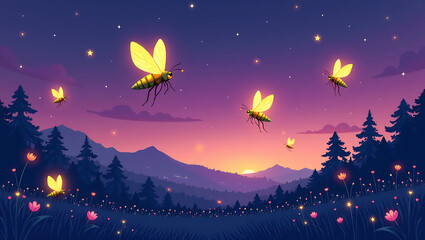 Fototapeta premium Glowing Fireflies in Twilight Field - A seamless pattern of fireflies lighting up a dusk meadow.