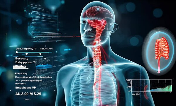 An AI machine shows presentation graphs and the level of accuracy in analyzing the anatomy of the human esophagus and windpipe