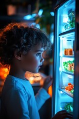 Curious Generation Alpha child explores brightly lit refrigerator in modern kitchen during evening hours