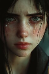 Fototapeta premium Young woman with tears reflecting deep emotion in close-up portrait at twilight