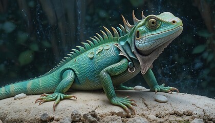 Obraz premium Green Iguana Standing on a Stone Looking Towards the Right Side. Generative AI
