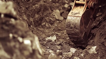 Fototapeta premium Excavator Digging Trench in Dirt