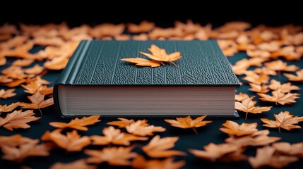 A close up shot of a book with a nature themed cover lying on a bed of autumn leaves, emphasizing the connection between literature and the natural world.