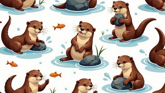 Bobbing Otters in River Play - A seamless pattern of otters frolicking and floating in a playful river.