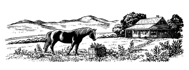 Obraz premium Serene countryside vista with a horse near a rustic cabin and surrounding mountains embellished in engraved style