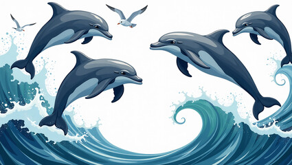 Fototapeta premium Leaping Dolphins in Ocean Waves - A seamless pattern of dolphins jumping through rolling blue waves.