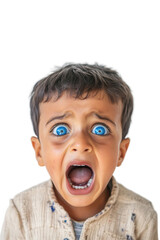 Child expressing fear with wide-open eyes and mouth, isolated on white background, emotional reaction, kids portrait, childhood anxiety, fearfulness concept.