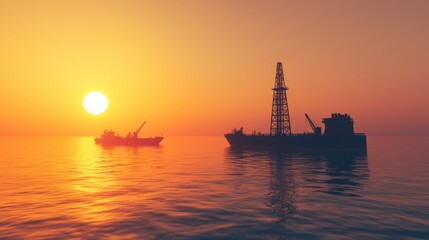 Obraz premium Vibrant Sunset Over Ocean With Oil Rig and Ship Silhouette