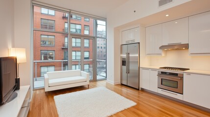 Modern Bright Apartment Kitchen and Living Room with City View