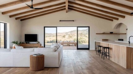 Modern minimalist living space with wooden beams and open views