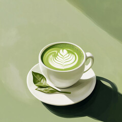 Hot Matcha Latte on Green Background, offering a warm, invigorating blend of rich flavors and traditional essence