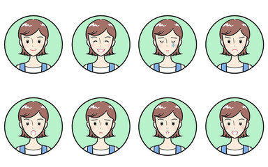 若い女性・主婦の喜怒哀楽・様々な表情のアイコンセット　グリーン