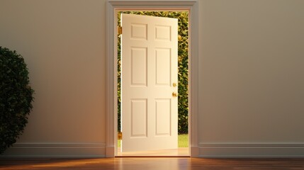 Open Door Leading to Lush Green Garden with Warm Sunlight Glow