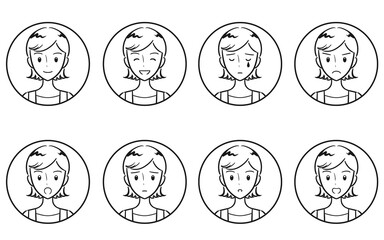 若い女性・主婦の喜怒哀楽・様々な表情のアイコンセット　線画