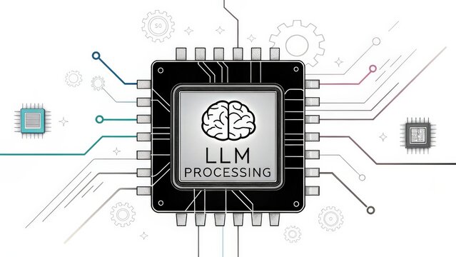 A visual representation of LLM processing with a brain and circuit elements.