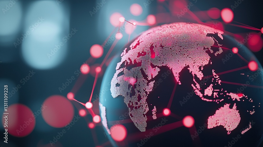 Poster rotating globe with glowing lines connecting continents and major cities, each location marked with 