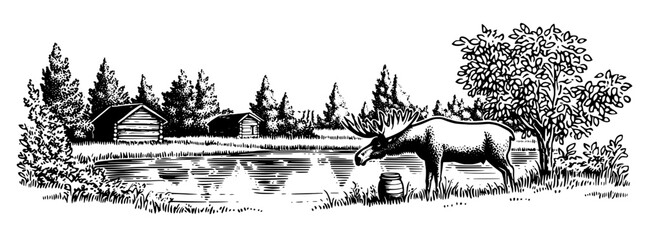 Obraz premium Engraved illustration of a moose by a serene pond surrounded by rustic cabins in a tranquil forest setting