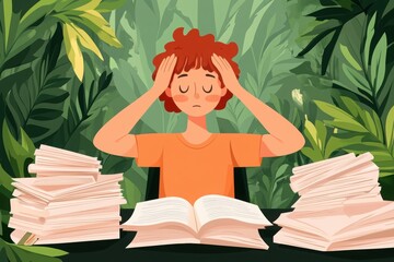 A student appears overwhelmed by studies, surrounded by stacks of books and set against a lush green background.