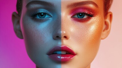 Transforming beauty with vibrant colors showcasing natural skin on one side and glamorous makeup on the other in a fashion editorial setting