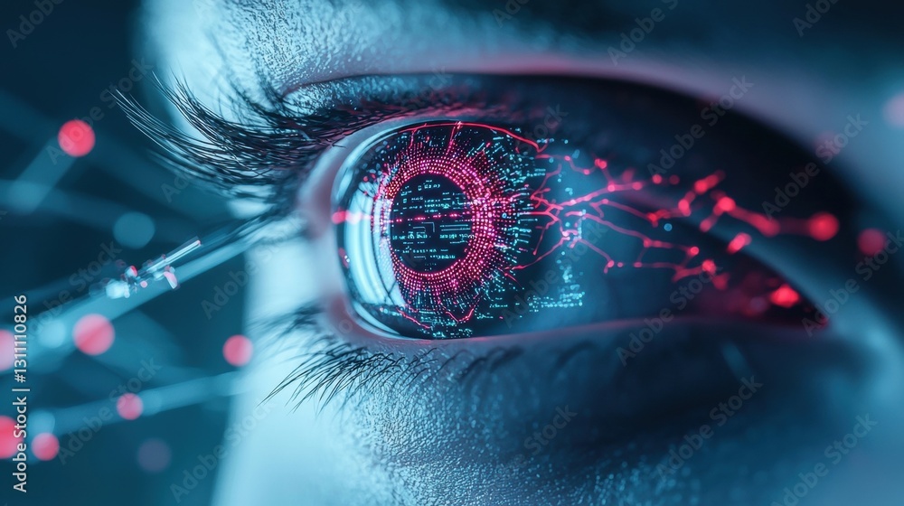 Poster a robotic arm delicately assembling a complex cybernetic eye with glowing wires and microchips, emph