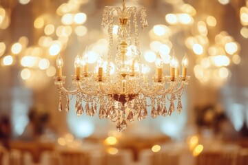 Crystal chandelier illuminates banquet hall, event