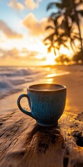 Morning coffee by the beach at sunset with palm trees, creating a tranquil moment of relaxation and peace