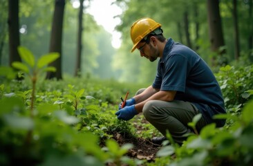 Researcher examines plant growth in a forested area using advanced technology