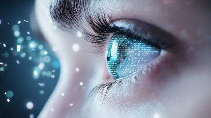 A close up shot of a human eye with streams of binary code flowing out, transforming into recognizable shapes and symbols, depicting the concept of data interpretation.